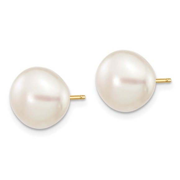14k 9-10mm White Button Freshwater Cultured Pearl Stud Post Earrings - Picture 4 of 4
